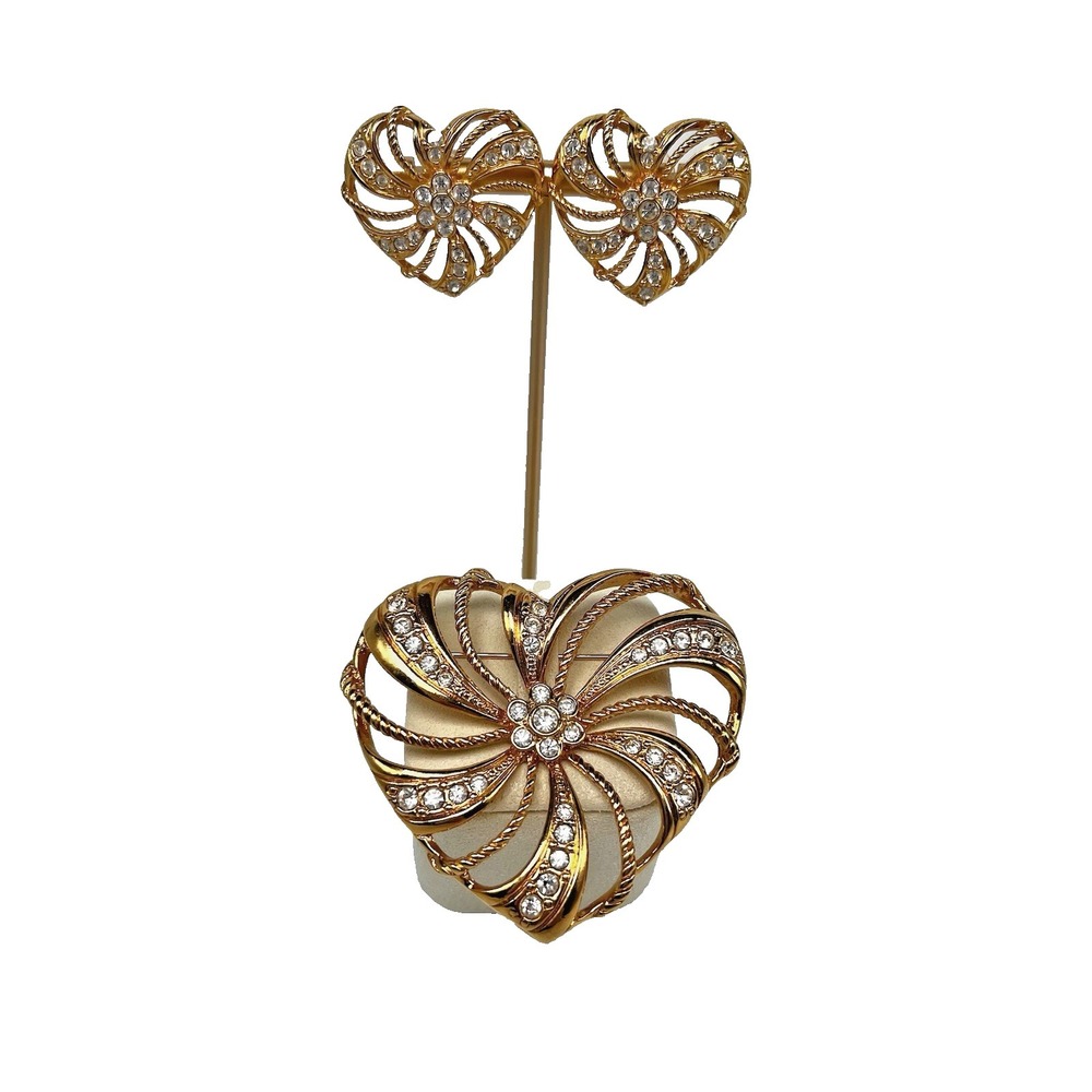 Heart Gold Tone Rhinestone Brooch Pierced Earrings Set ROMANTIC TRELLIS Avon 90s